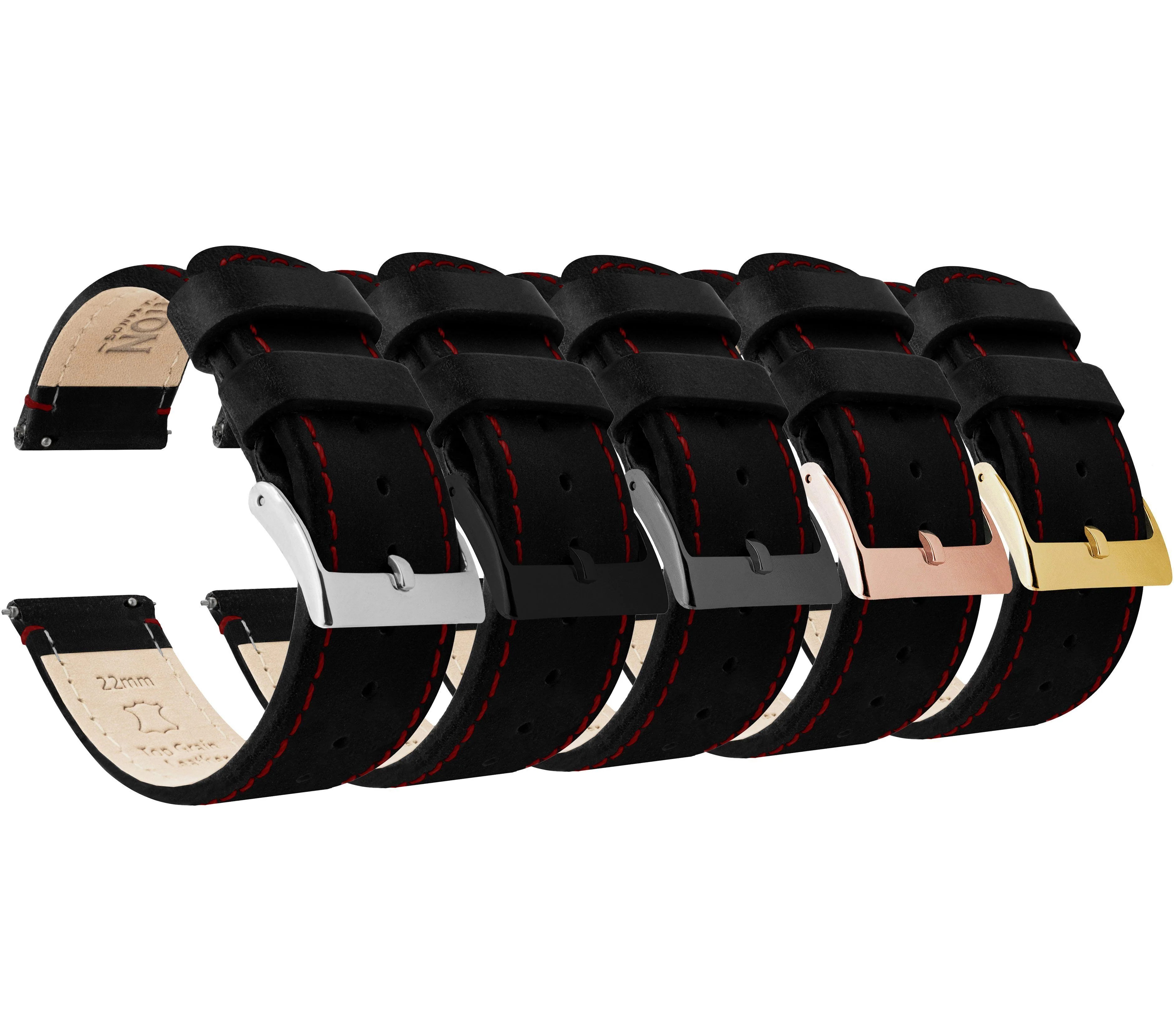 Black Leather Crimson Red Stitching Watch Band - Marathon GSAR / TSAR (20mm) - Image 2