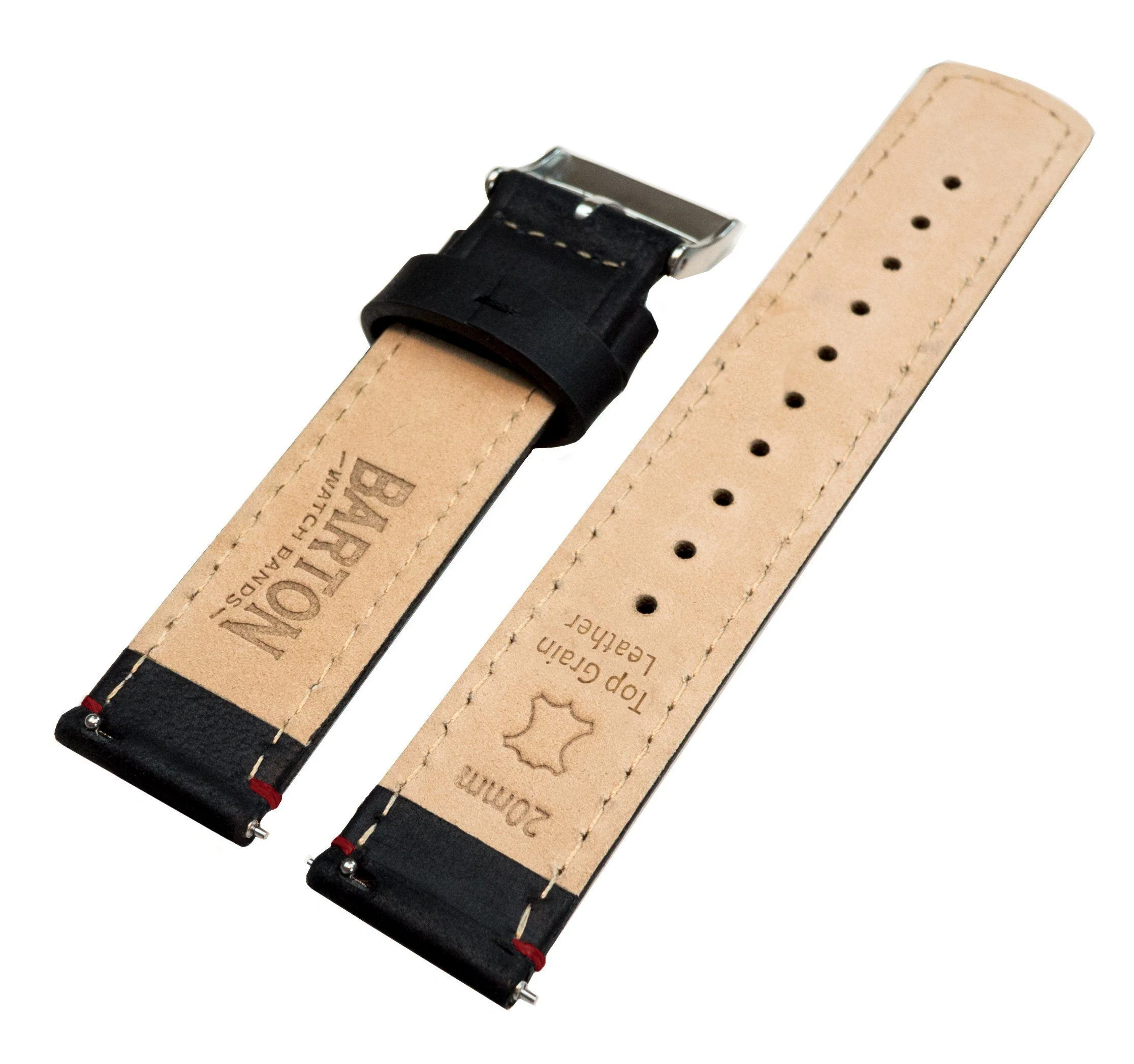 Black Leather Crimson Red Stitching Watch Band - Marathon GSAR / TSAR (20mm) - Image 4