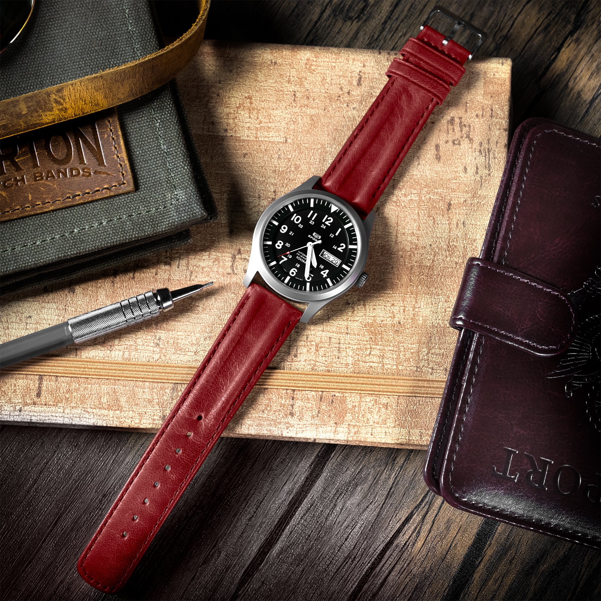 Crimson Red Classic Horween Leather Watch Band - Hamilton Khaki Field 38/40/42 (20mm) - Image 2