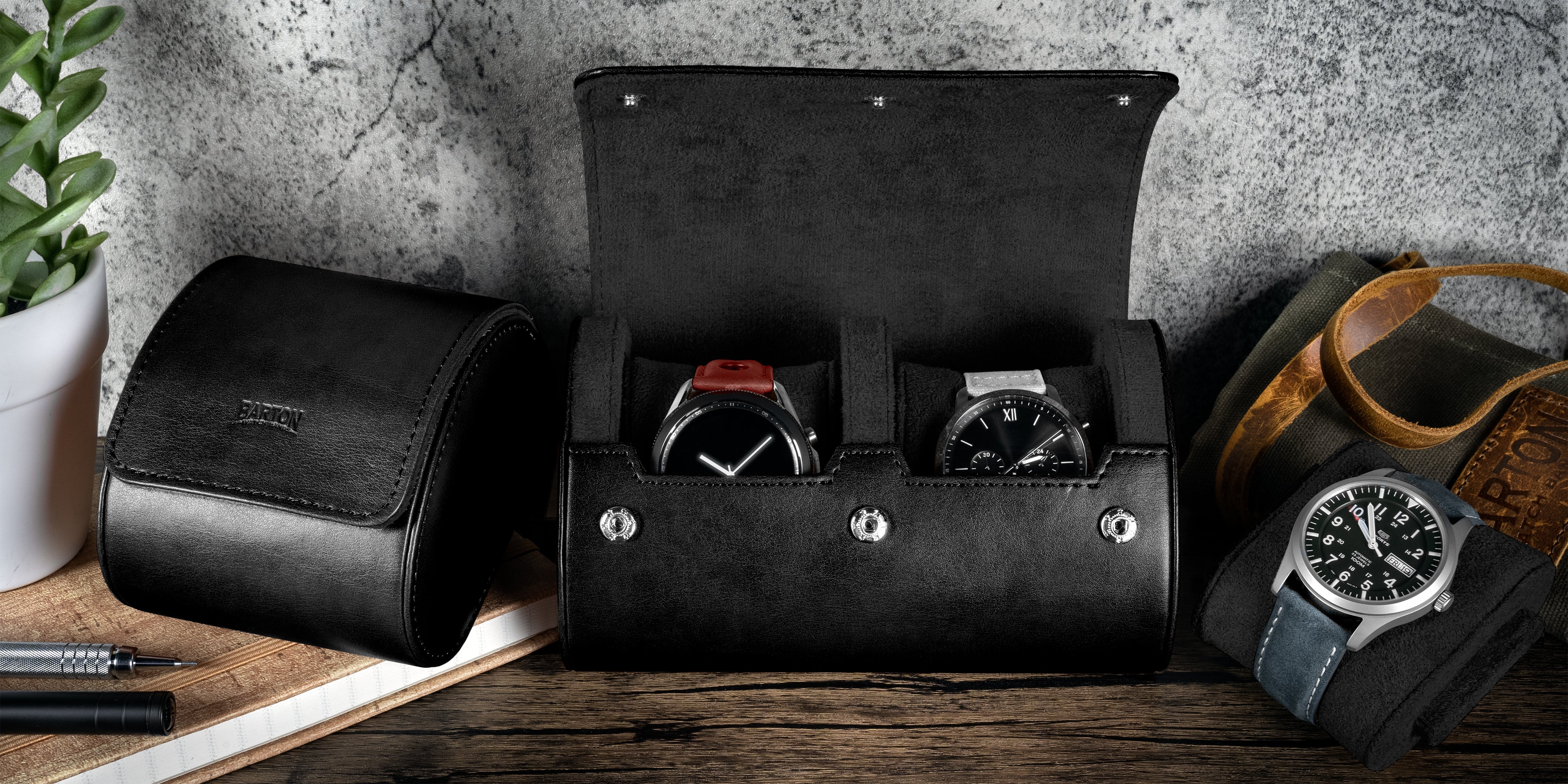 Double Recycled Leather Watch Roll Travel Case - Image 4