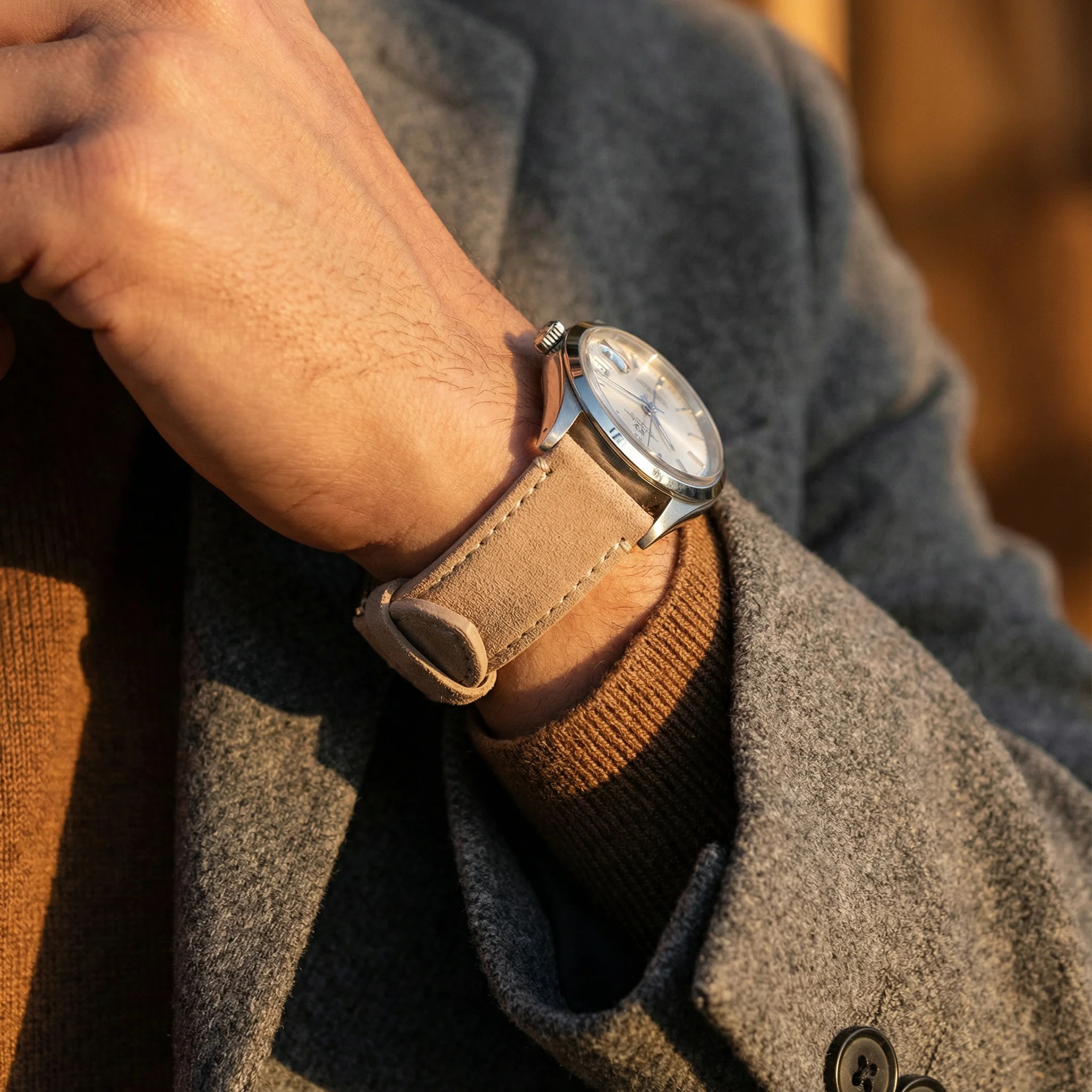 Genuine Nubuck Beige Leather Watch Band, Crafted in the USA - Image 3
